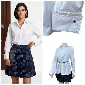 Elie Tahari Blaine White Blouse French Cuff Ruffle XL NWT Cotton Office Siren